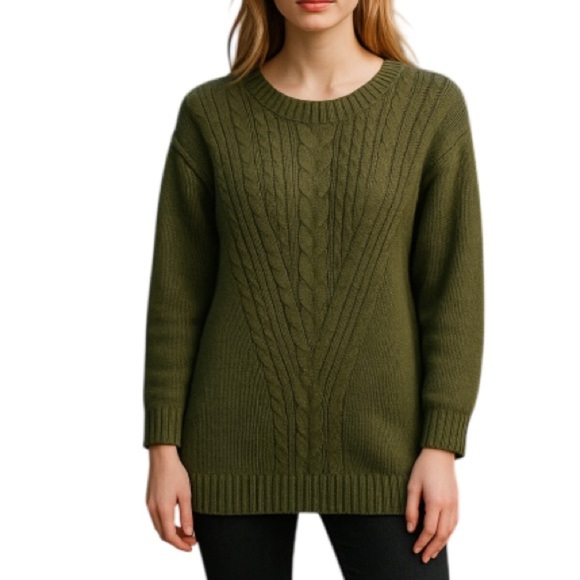 GARAGE Cable Knit Tunic Sweater Olive Green Long  Sleeve Round Neck Size Large - Picture 1 of 10